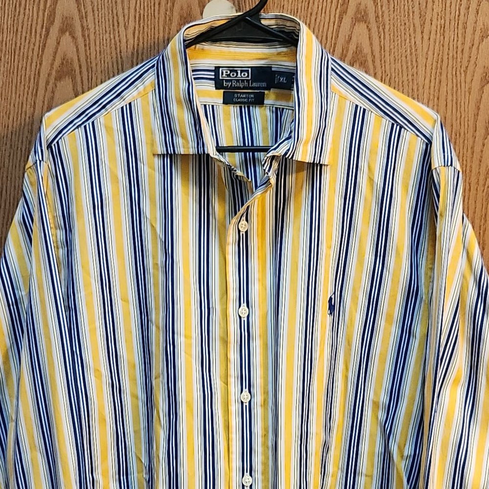 RALPH LAUREN Stanton Classic Fit Yellow Blue Stripe Button Down Shirt - XL